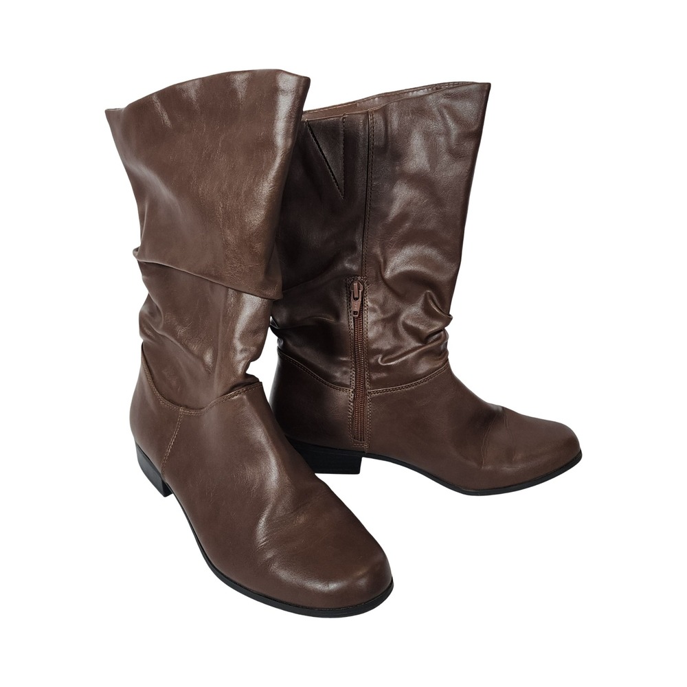 Junction Womens Brown Slouchy Mid Calf Boots Size 9.5 Side Zip Low Block Heel